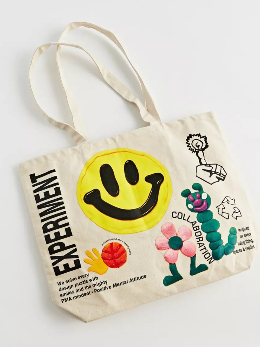 NEW MARKET SMILEY COLLAB Smile Face Canvas Tote Bag Positive Mental Attitude